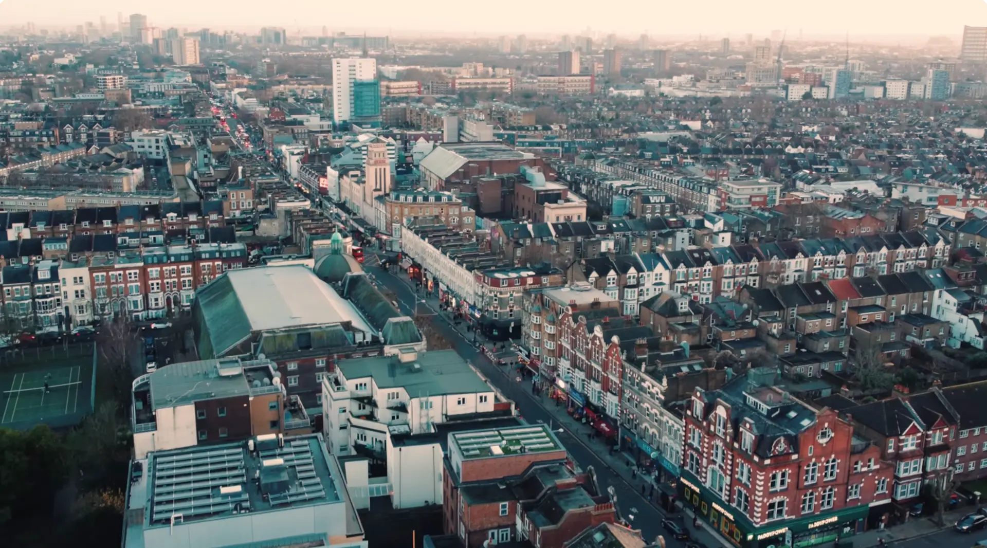 Aerial view across Kilburn High Road and the surrounding neighbourhood